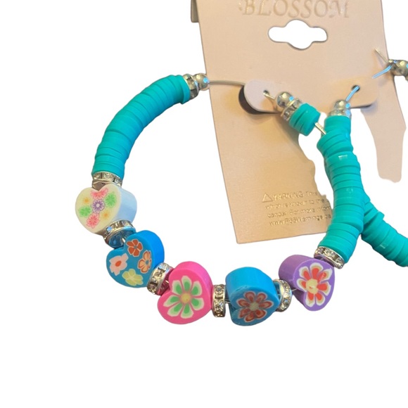 Turquoise Clay Polymer Beaded Hoop Earrings - Picture 2 of 4